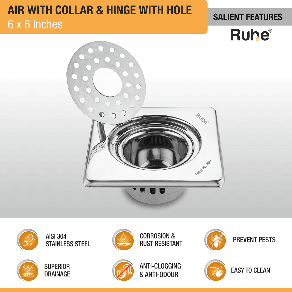 Air Square 304-Grade Floor Drain with Collar, Hinge, Hole & Cockroach Trap (6 x 6 Inches) - by Ruhe - Ruhe