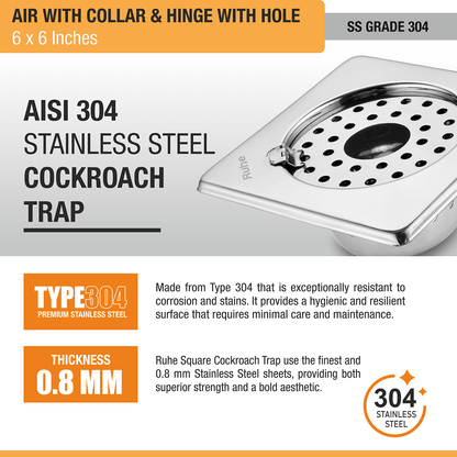 Air Square 304-Grade Floor Drain with Collar, Hinge, Hole & Cockroach Trap (6 x 6 Inches) - by Ruhe - Ruhe