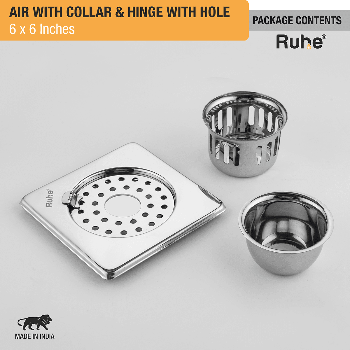 Air Square 304-Grade Floor Drain with Collar, Hinge, Hole & Cockroach Trap (6 x 6 Inches) - by Ruhe - Ruhe