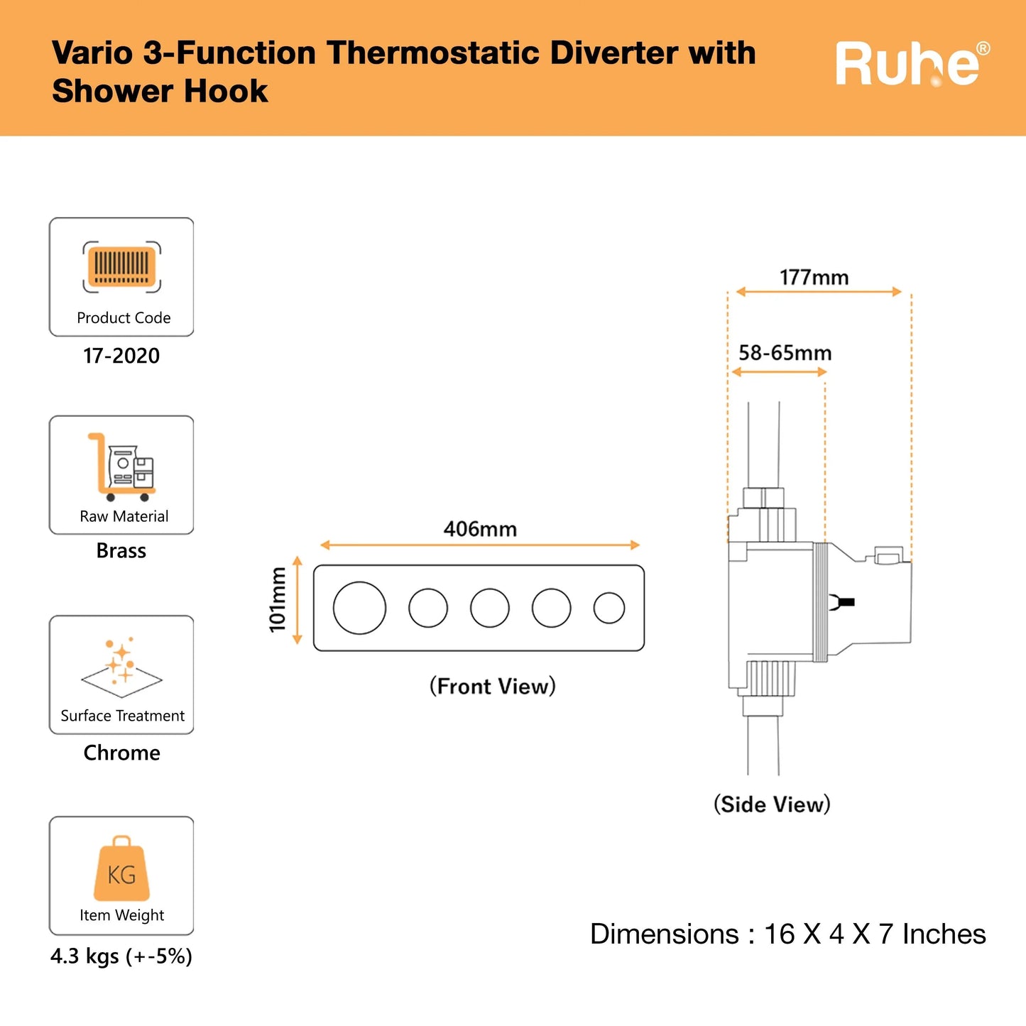 Vario 3-Function Thermostatic Diverter Set with Shower Hook
