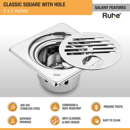 Classic Floor Drain with Collar Square (5 x 5 Inches) with Hole and Cockroach Trap (304 Grade) features