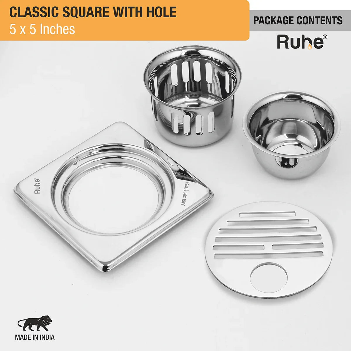Classic Floor Drain with Collar Square (5 x 5 Inches) with Hole and Cockroach Trap (304 Grade) package content