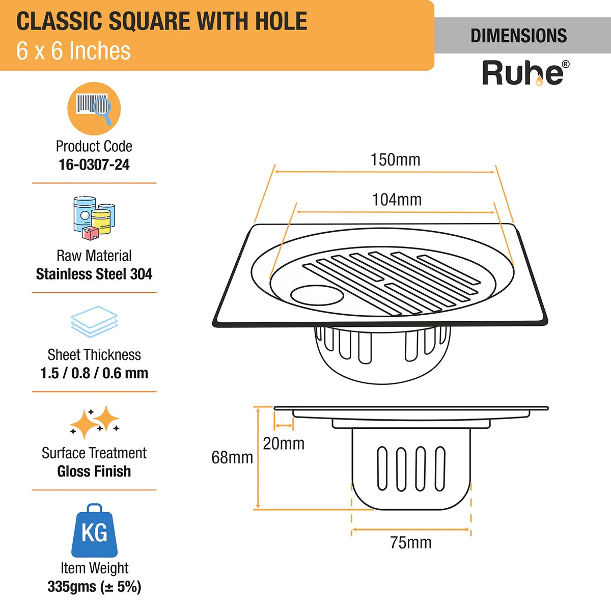 Classic Floor Drain with Collar Square (6 x 6 Inches) with Hole and Cockroach Trap (304 Grade) dimensions and size