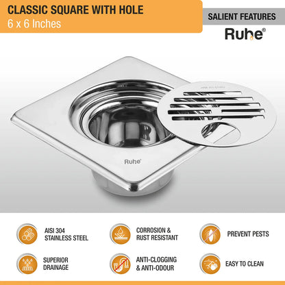 Classic Floor Drain with Collar Square (6 x 6 Inches) with Hole and Cockroach Trap (304 Grade) features