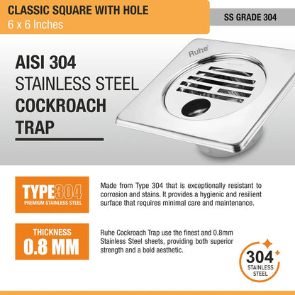 Classic Floor Drain with Collar Square (6 x 6 Inches) with Hole and Cockroach Trap (304 Grade) stainless steel