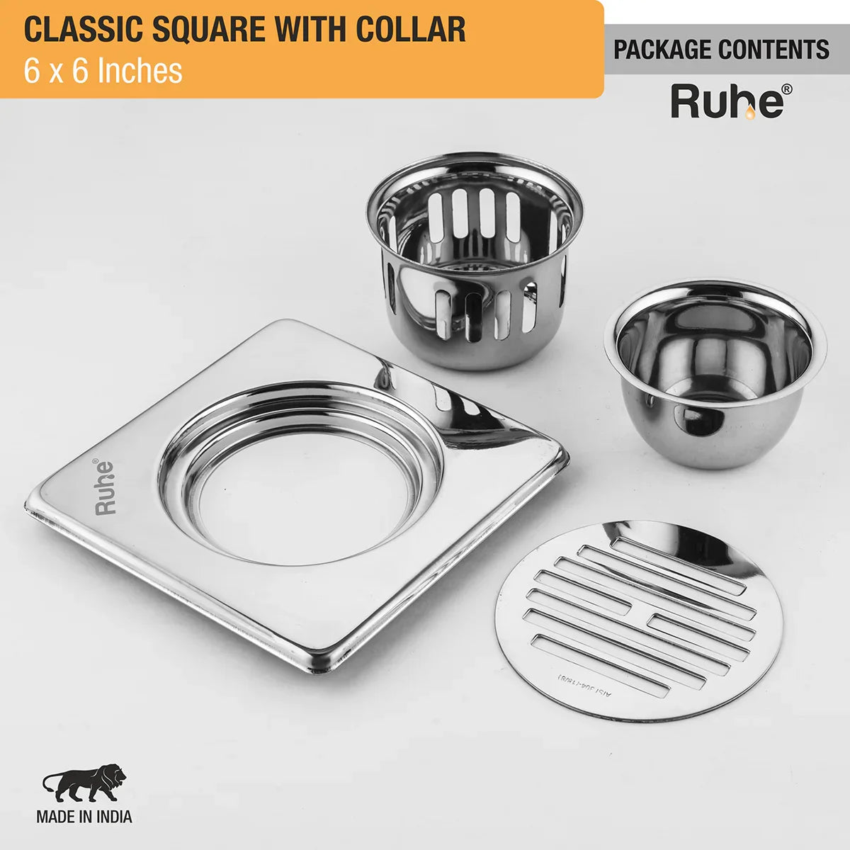Classic Floor Drain with Collar Square (6 x 6 Inches) with Cockroach Trap (304 Grade) package content