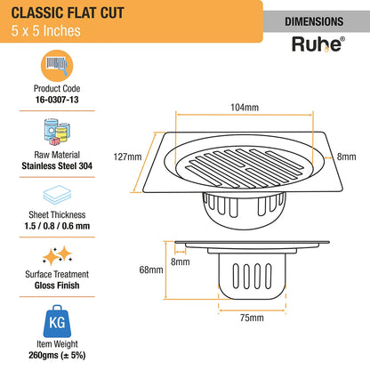 Classic Floor Drain Square Flat Cut (5 x 5 Inches) with Cockroach Trap (304 Grade) dimensions and size