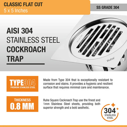 Classic Floor Drain Square Flat Cut (5 x 5 Inches) with Cockroach Trap (304 Grade) stainless steel