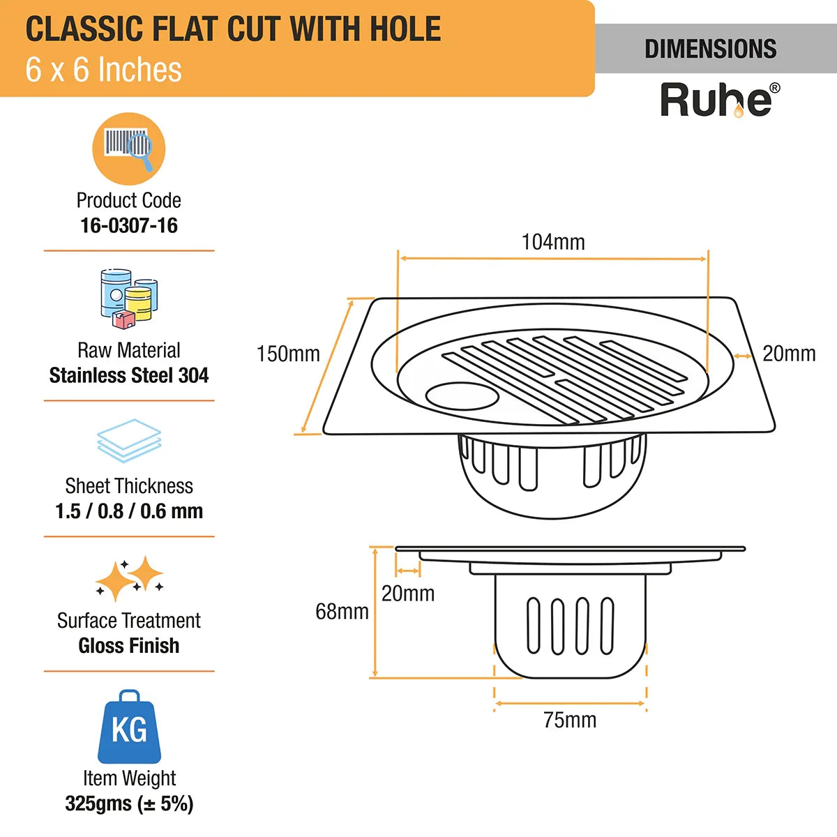 Classic Floor Drain Square Flat Cut (6 x 6 Inches) with Hole and Cockroach Trap (304 Grade) dimensions and size