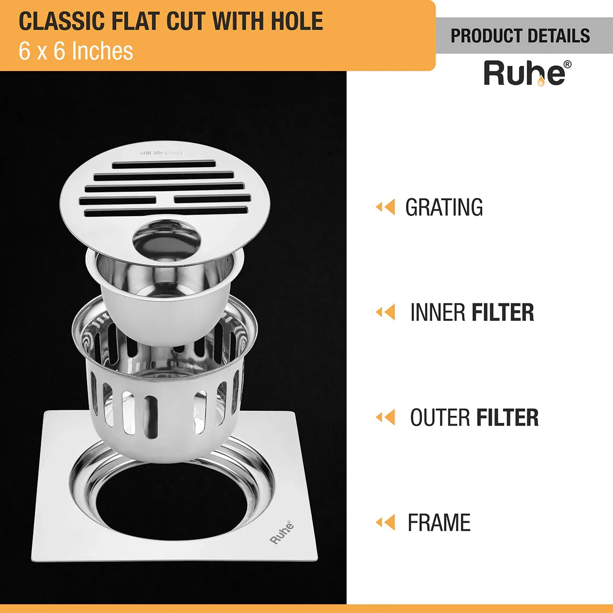 Classic Floor Drain Square Flat Cut (6 x 6 Inches) with Hole and Cockroach Trap (304 Grade) product details