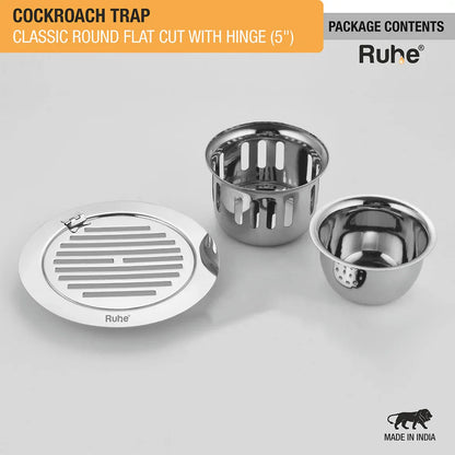 Classic Round Flat Cut Floor Drain (5 Inches) with Hinge & Cockroach Trap (304 Grade) package content