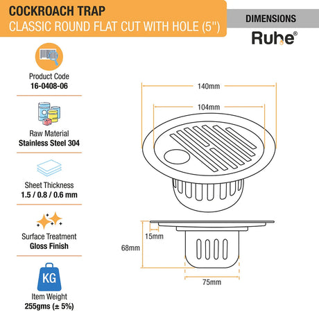 Classic Round Flat Cut Floor Drain (5 Inches) with Hole and Cockroach Trap (304 Grade) dimensions and size