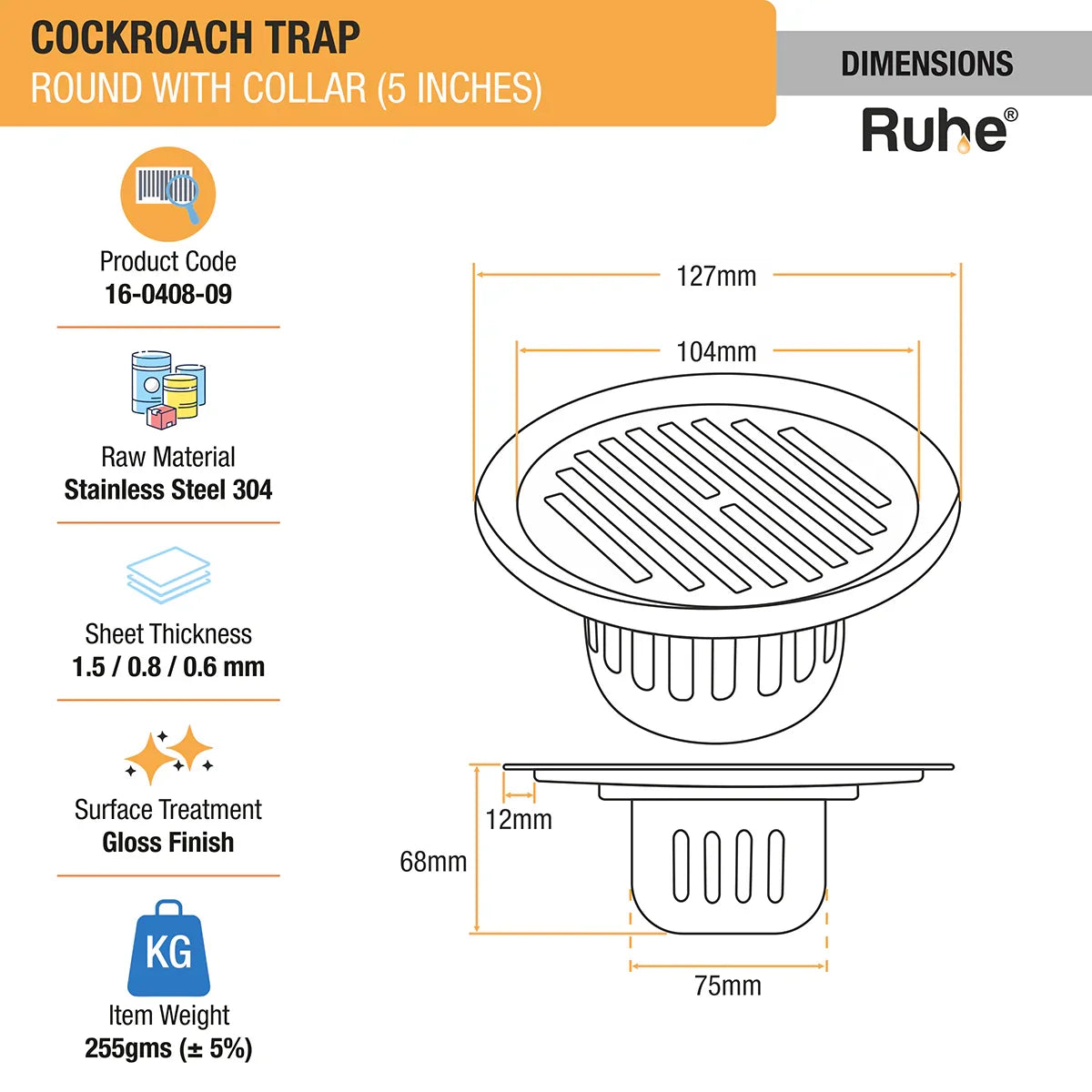 Classic Round with Collar Floor Drain (5 Inches) with Cockroach Trap (304 Grade) dimensions and size
