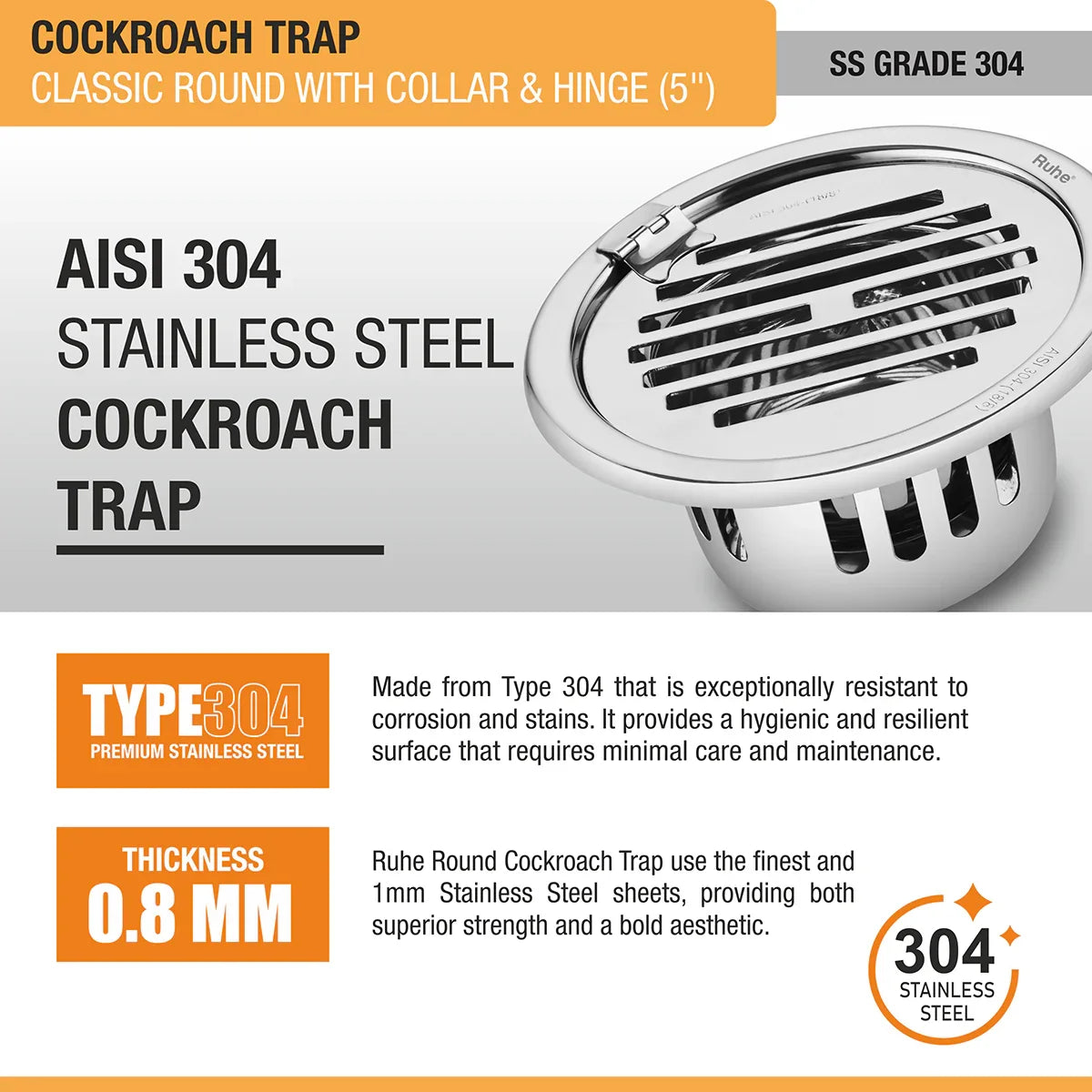 Classic Round Floor Drain (5 Inches) with Hinge & Cockroach Trap (304 Grade) stainless steel