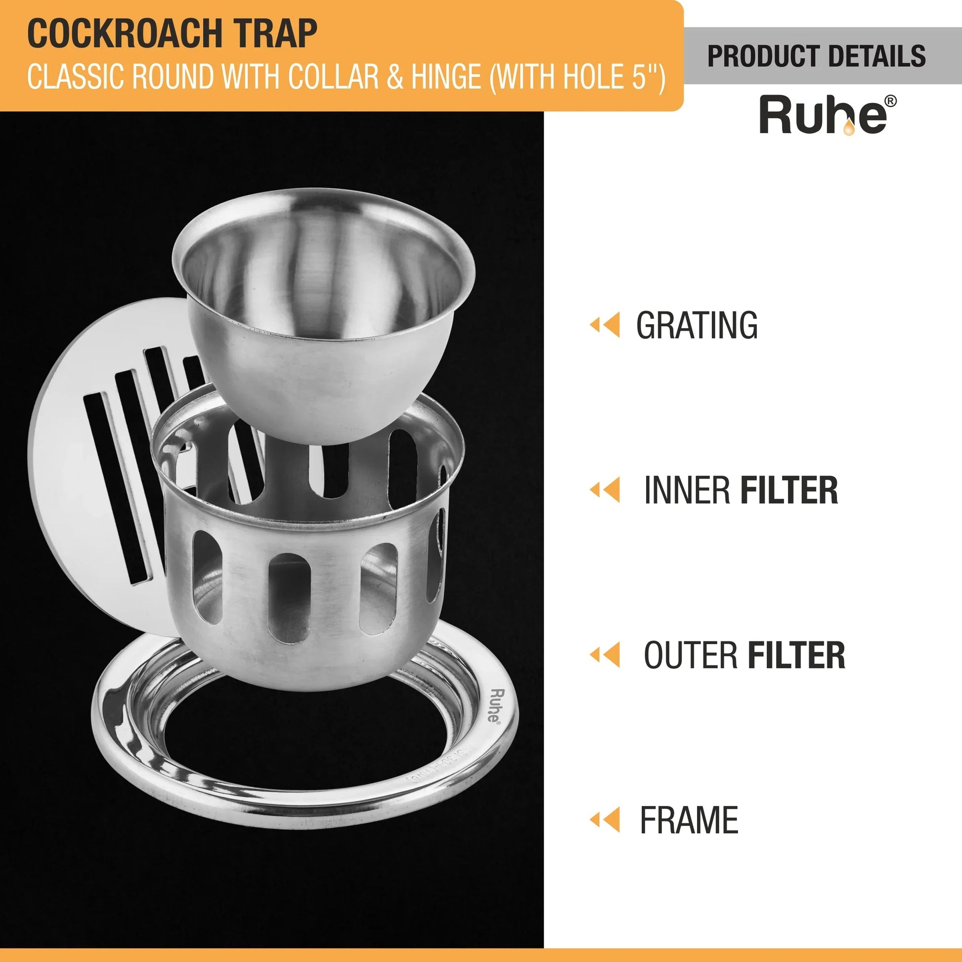 Classic Round Floor Drain (5 Inches) with Hinge, Hole & Cockroach Trap (304 Grade) product details