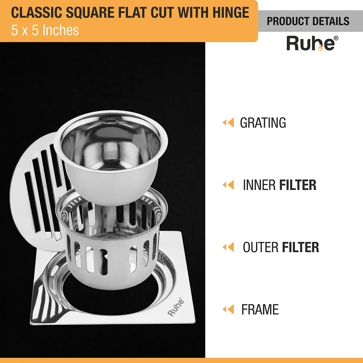 Classic Square Flat Cut Floor Drain (5 x 5 Inches) with Hinge & Cockroach Trap (304 Grade) product details