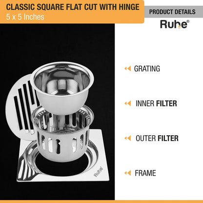 Classic Square Flat Cut Floor Drain (5 x 5 Inches) with Hinge & Cockroach Trap (304 Grade) product details