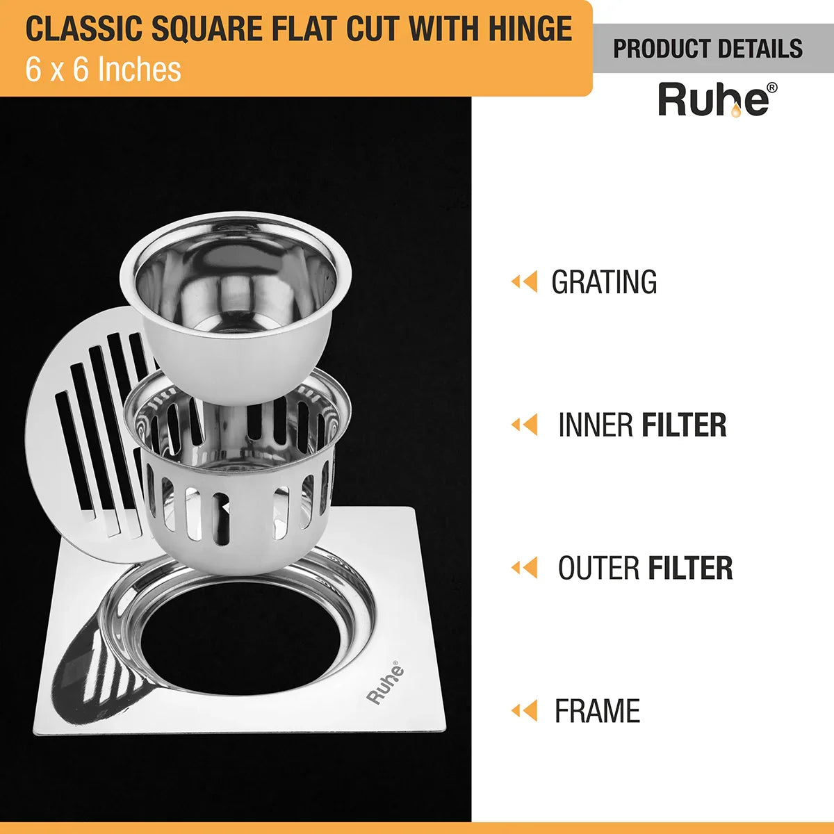 Classic Square Flat Cut Floor Drain (6 x 6 Inches) with Hinge & Cockroach Trap (304 Grade) product details