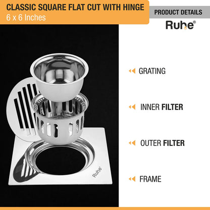 Classic Square Flat Cut Floor Drain (6 x 6 Inches) with Hinge & Cockroach Trap (304 Grade) product details