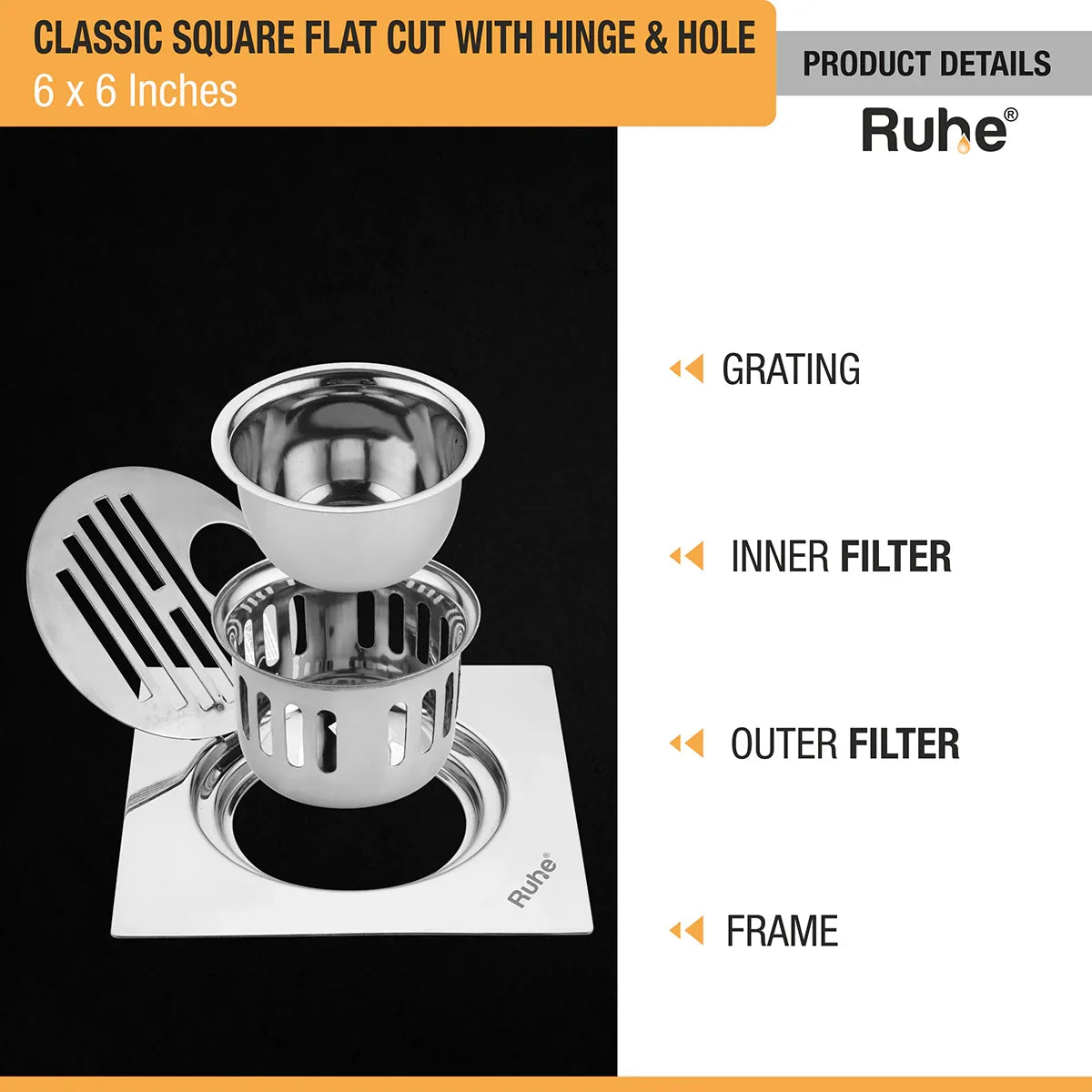 Classic Square Flat Cut Floor Drain (6 x 6 Inches) with Hinge, Hole and Cockroach Trap (304 Grade) product details