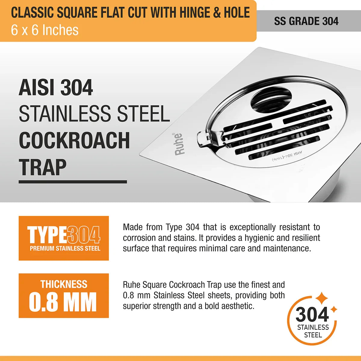 Classic Square Flat Cut Floor Drain (6 x 6 Inches) with Hinge, Hole and Cockroach Trap (304 Grade) stainless steel