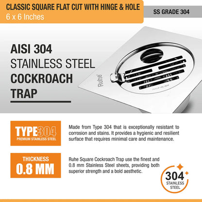 Classic Square Flat Cut Floor Drain (6 x 6 Inches) with Hinge, Hole and Cockroach Trap (304 Grade) stainless steel