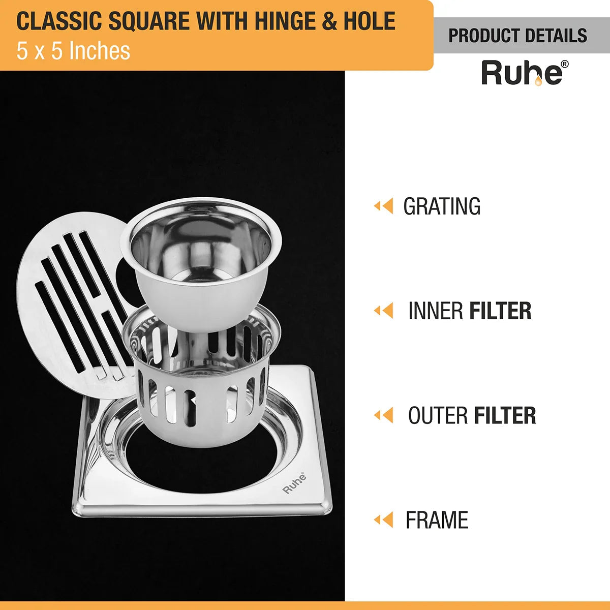 Classic Square Floor Drain (5 x 5 Inches) with Hinge, Hole & Cockroach Trap (304 Grade) product details