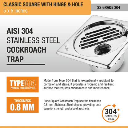 Classic Square Floor Drain (5 x 5 Inches) with Hinge, Hole & Cockroach Trap (304 Grade) stainless steel