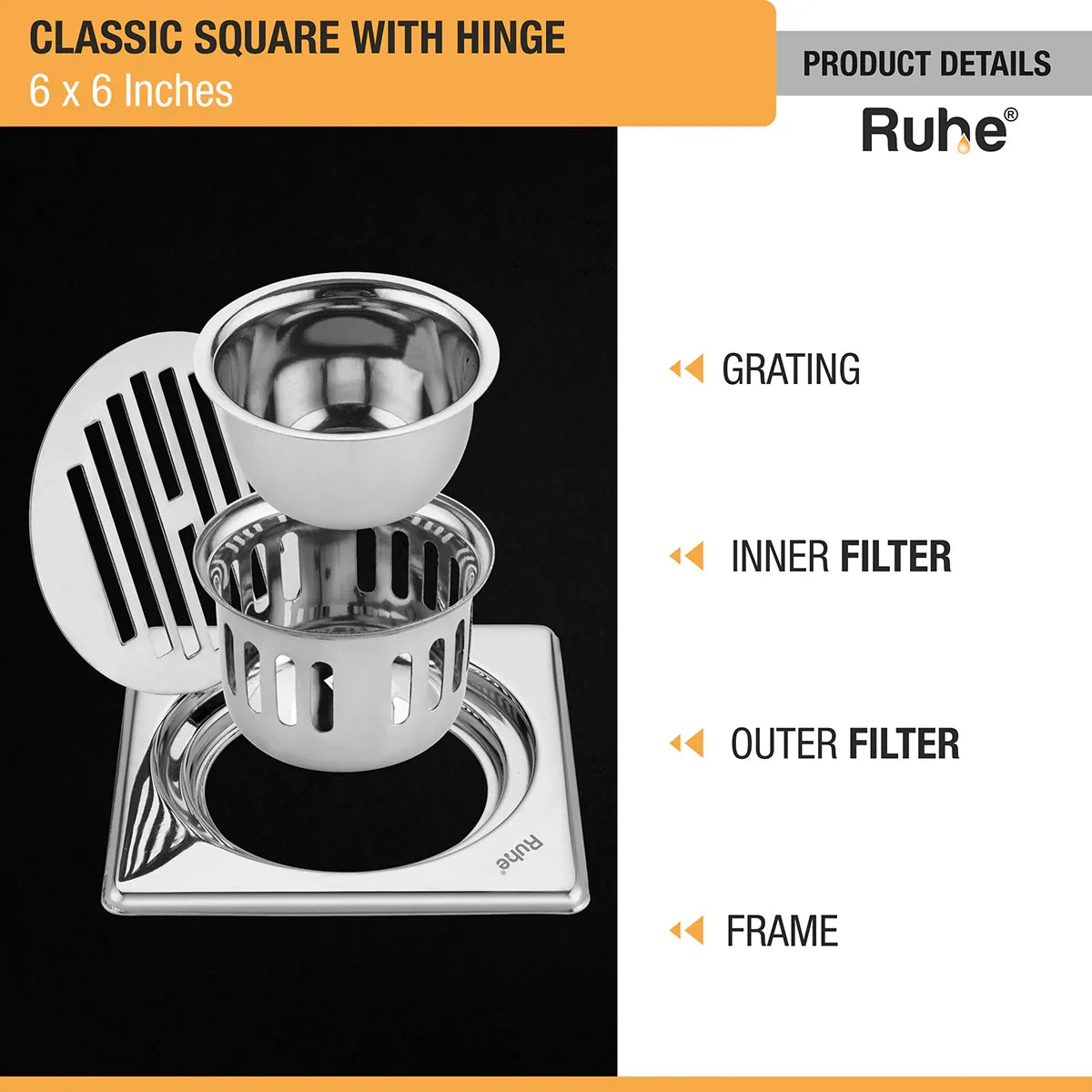 Classic Square Floor Drain (6 x 6 Inches) with Hinge & Cockroach Trap (304 Grade) product details