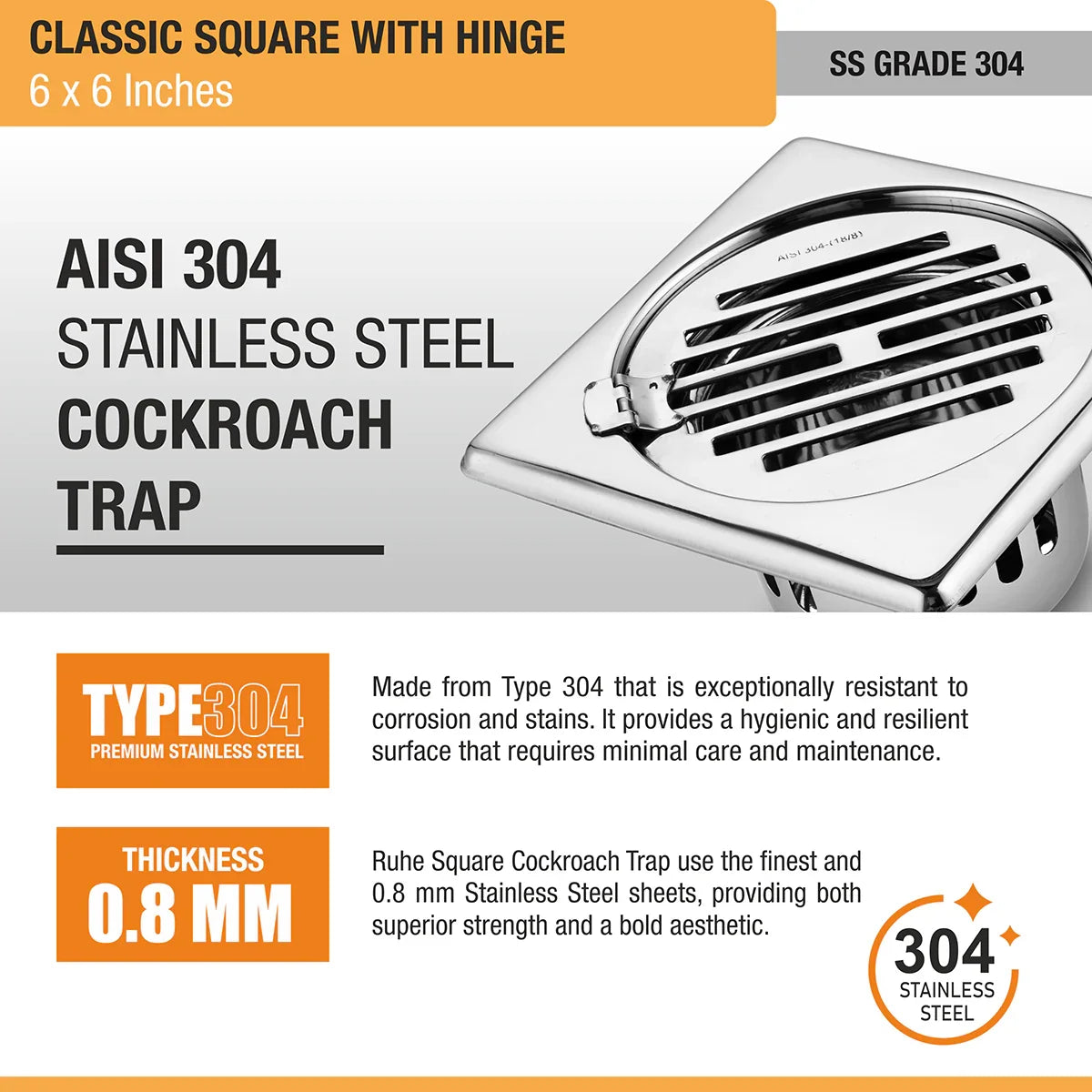 Classic Square Floor Drain (6 x 6 Inches) with Hinge & Cockroach Trap (304 Grade) stainless steel