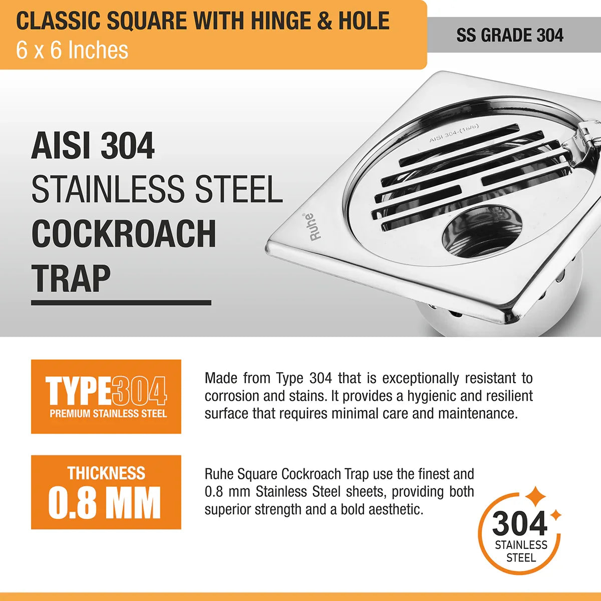 Classic Square Floor Drain (6 x 6 Inches) with Hinge, Hole & Cockroach Trap (304 Grade) stainless steel