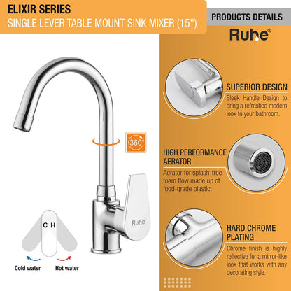Elixir Single Lever Table Mount Sink Mixer with Medium Round Swivel Spout Faucet product detail