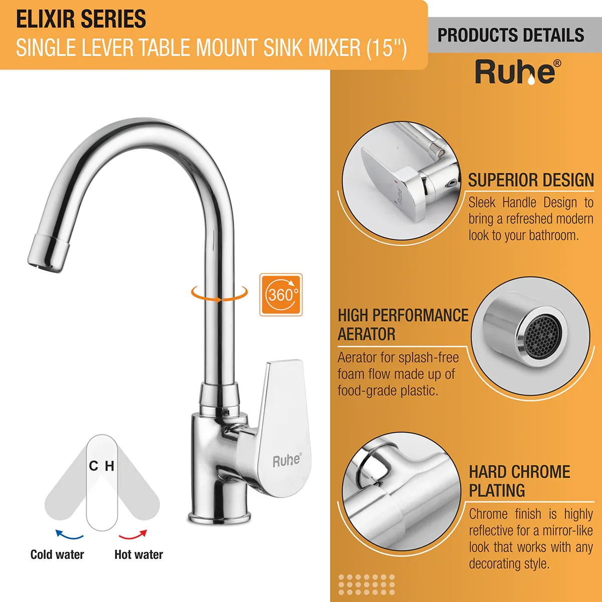 Elixir Single Lever Table Mount Sink Mixer with Medium Round Swivel Spout Faucet product detail