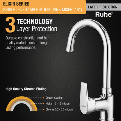 Elixir Single Lever Table Mount Sink Mixer with Medium Round Swivel Spout Faucet 3 layer protection