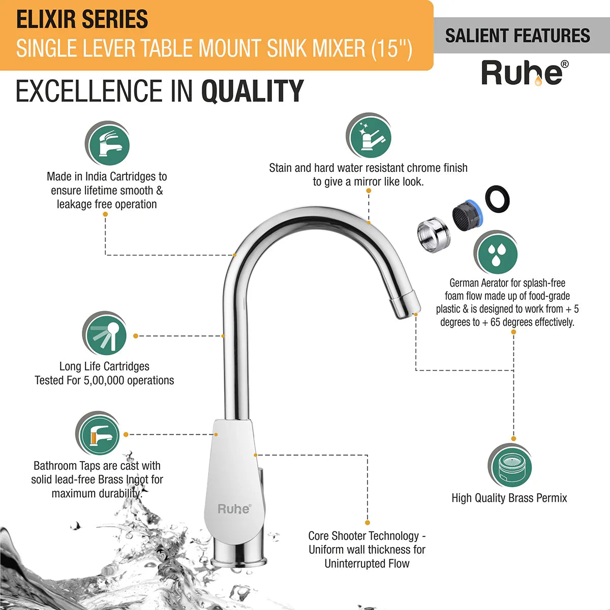 Elixir Single Lever Table Mount Sink Mixer with Medium Round Swivel Spout Faucet features