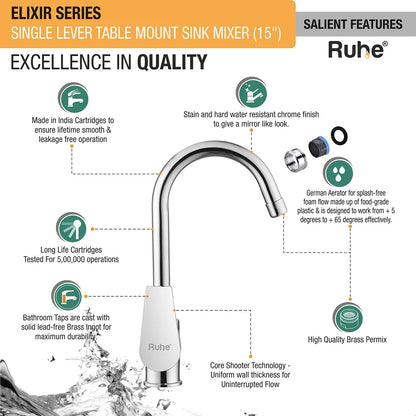 Elixir Single Lever Table Mount Sink Mixer with Medium Round Swivel Spout Faucet features