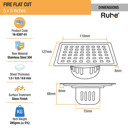 Fire Floor Drain Square Flat Cut (5 x 5) with Cockroach Trap (304 Grade) dimensions and size