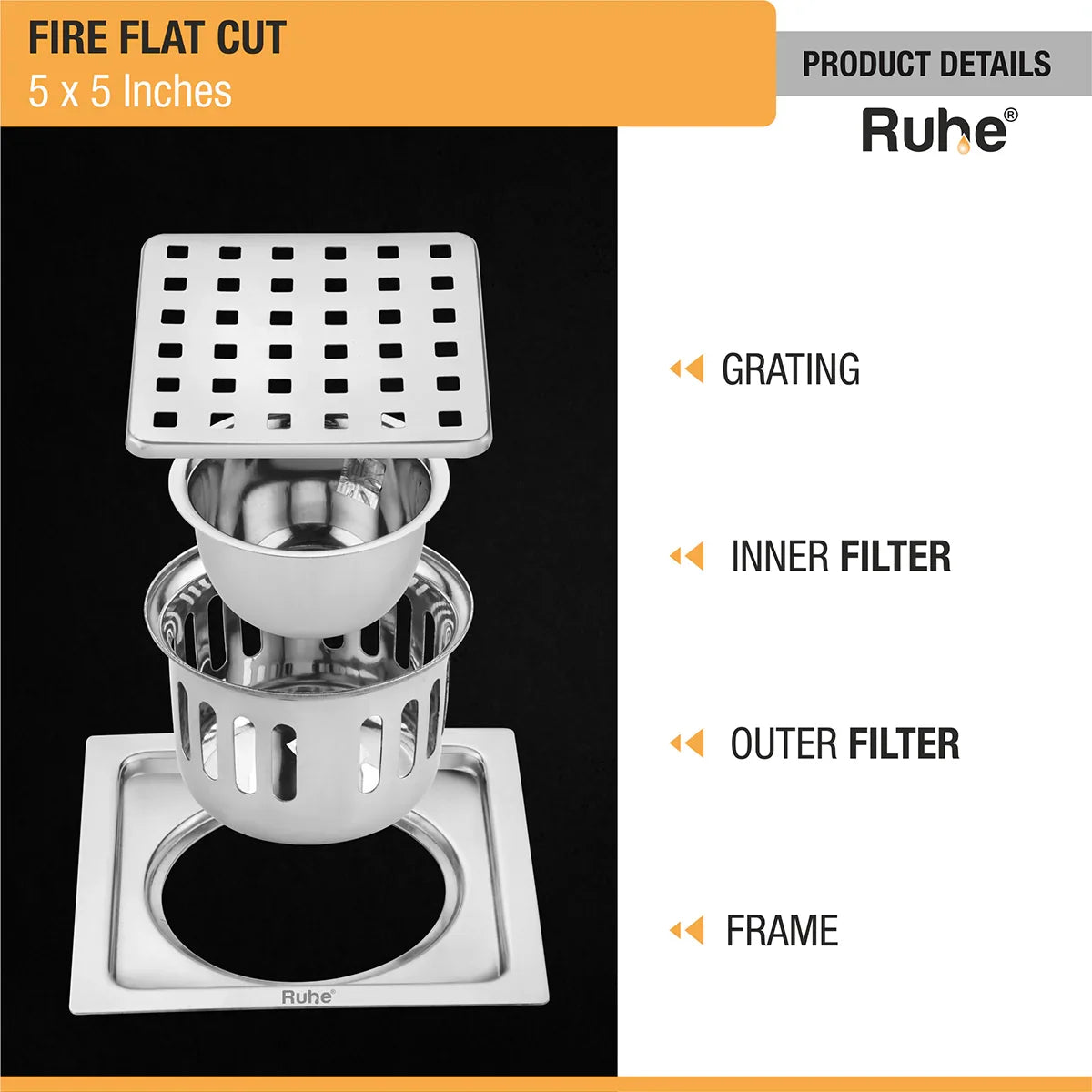 Fire Floor Drain Square Flat Cut (5 x 5) with Cockroach Trap (304 Grade) product details