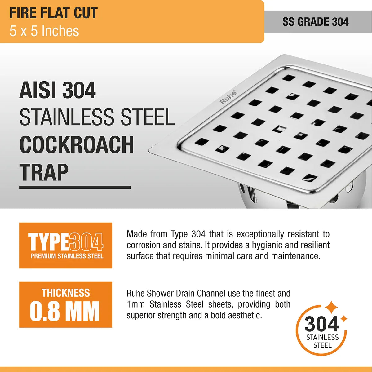 Fire Floor Drain Square Flat Cut (5 x 5) with Cockroach Trap (304 Grade) stainless steel