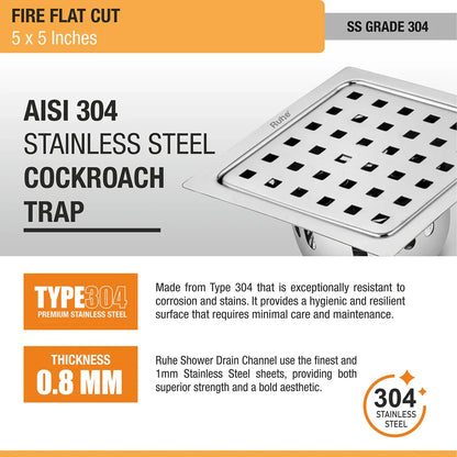 Fire Floor Drain Square Flat Cut (5 x 5) with Cockroach Trap (304 Grade) stainless steel