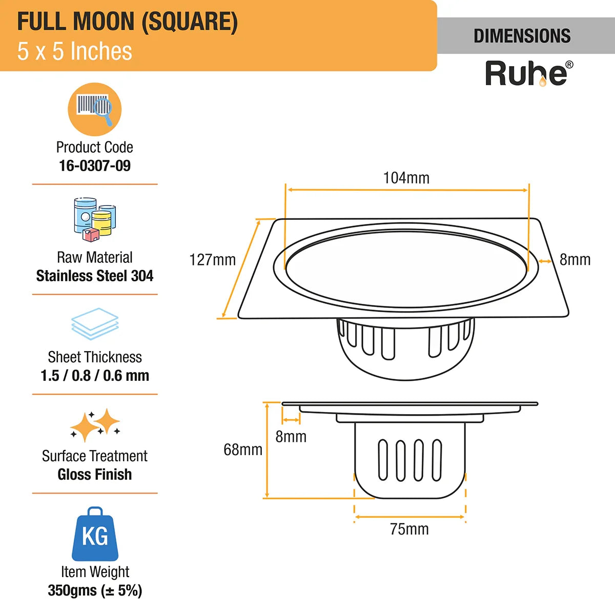 Full Moon Floor Drain Square (5 x 5 Inches) with Cockroach Trap (304 Grade) dimensions and size