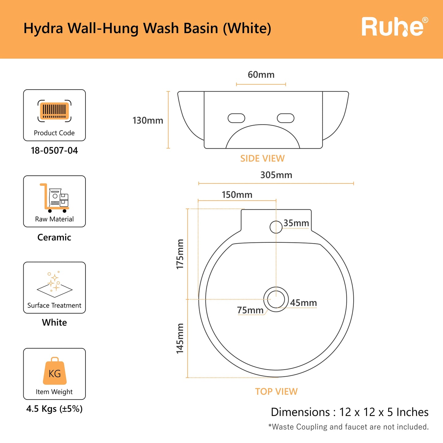Hydra Wall-hung Wash Basin (dimensions)