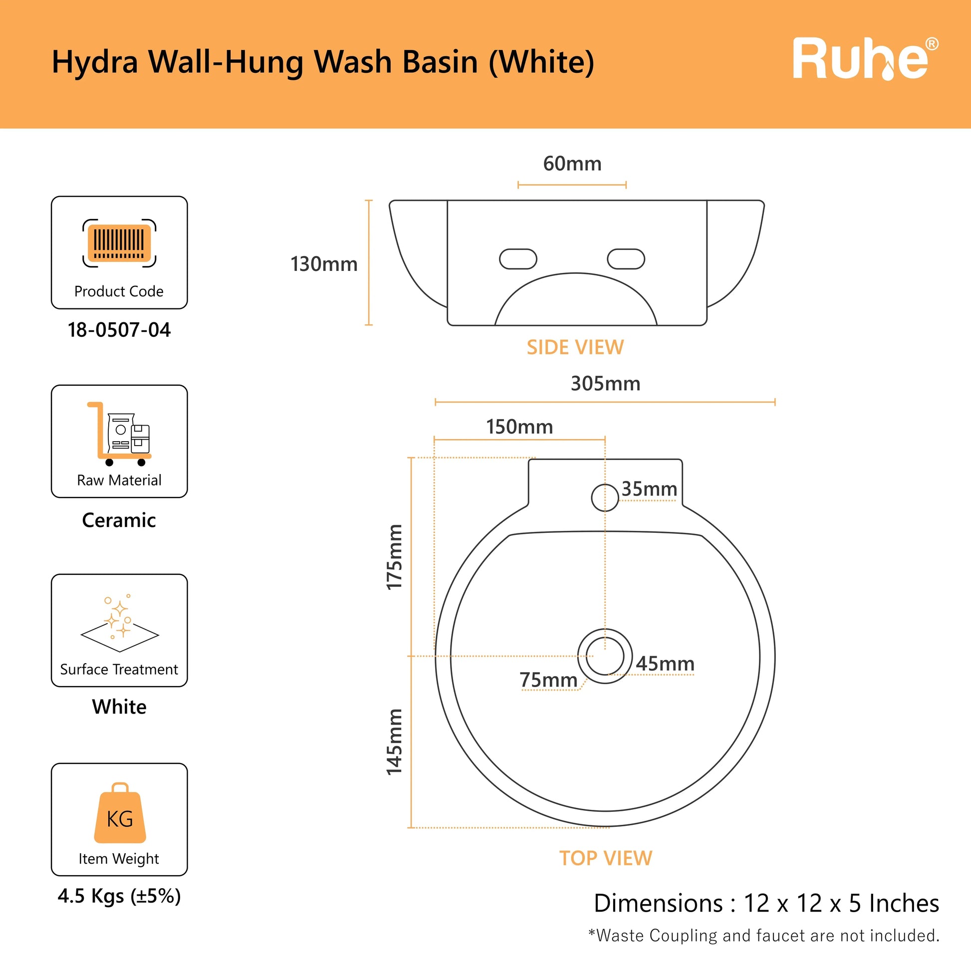 Hydra Wall-hung Wash Basin (dimensions)