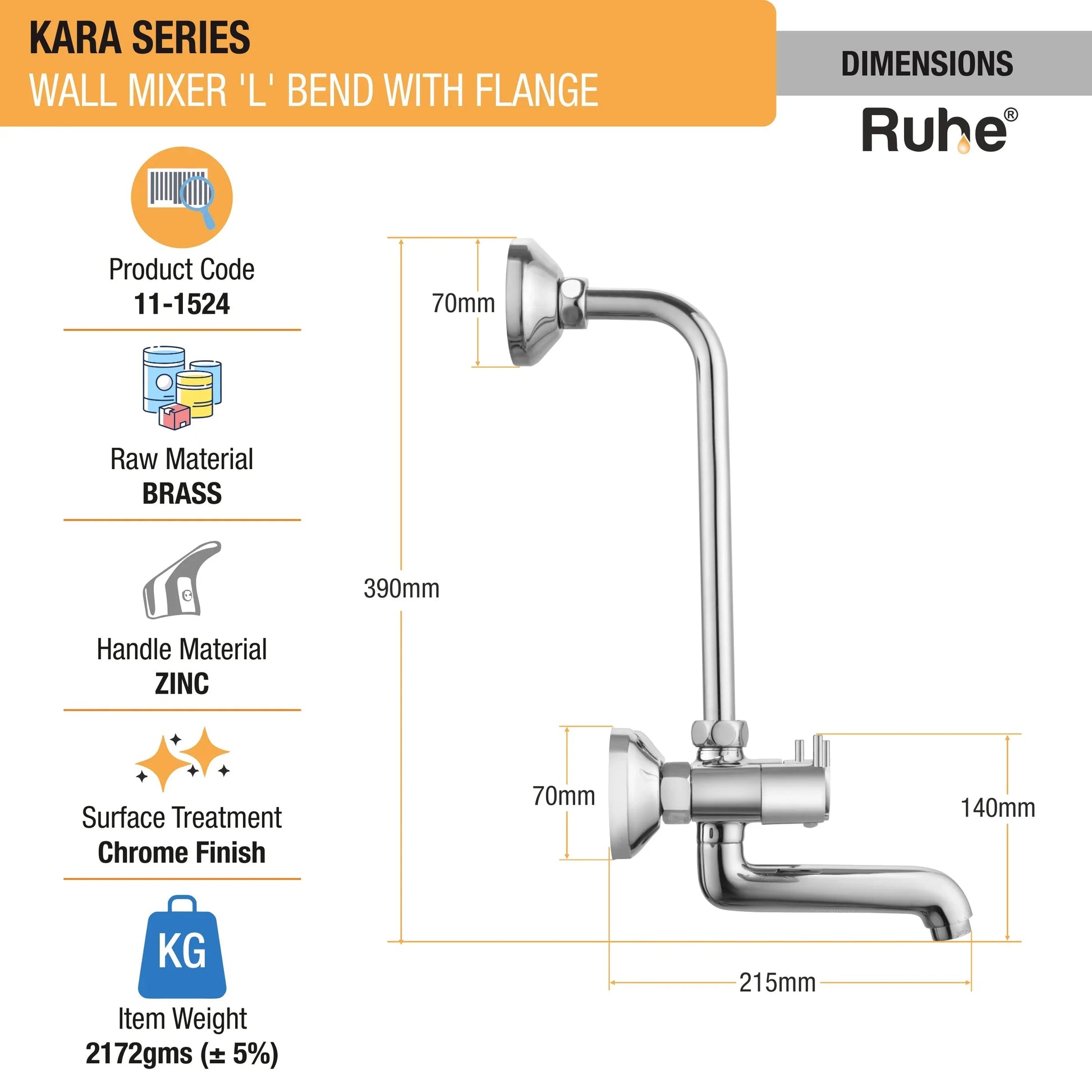 Kara Wall Mixer with L Bend Faucet dimensions and sizes
