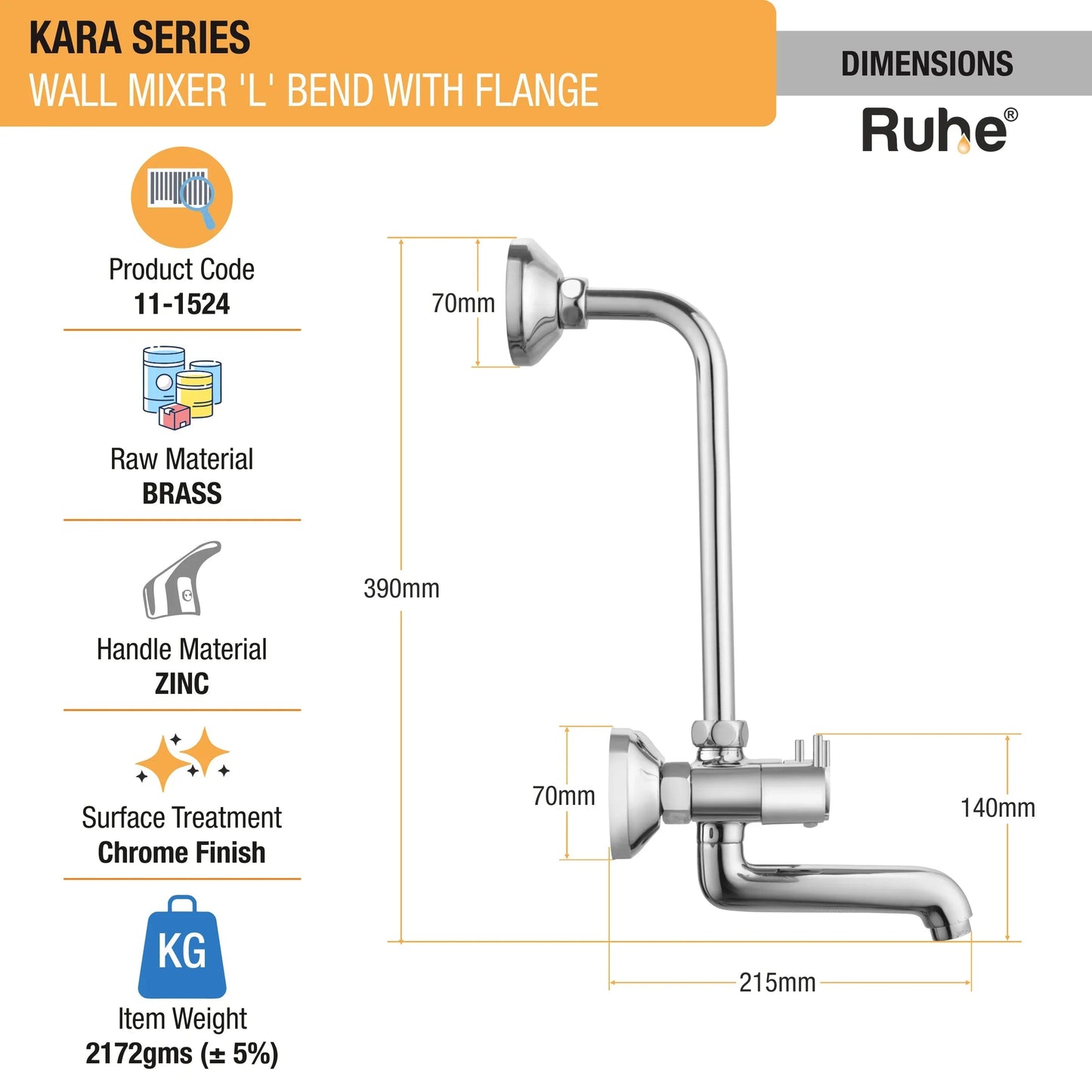 Kara Wall Mixer with L Bend Faucet dimensions and sizes