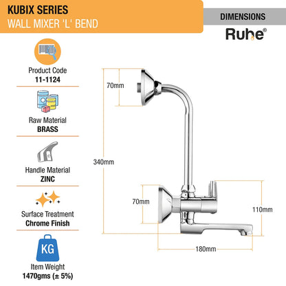 Kubix Wall Mixer L Bend Faucet dimensions and size