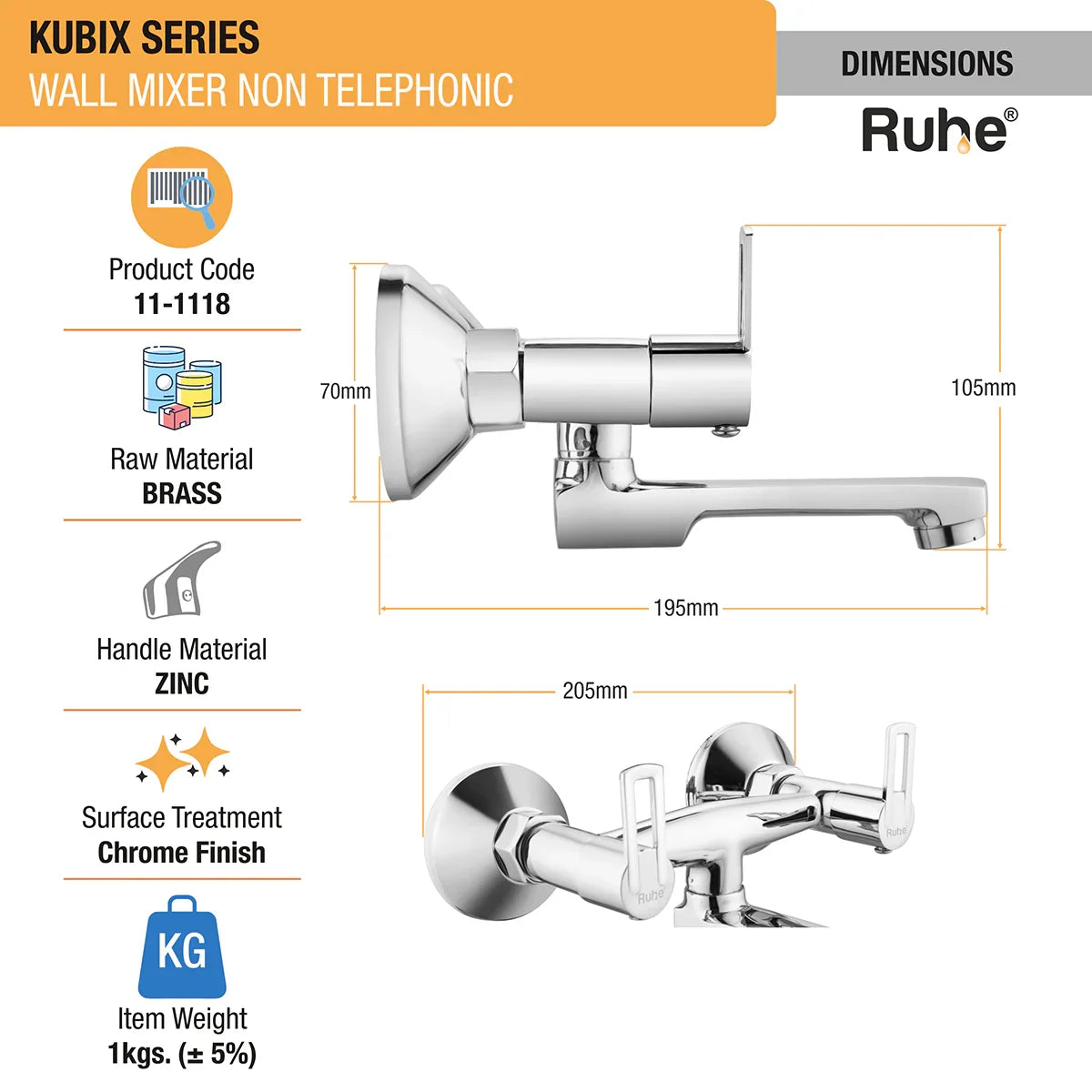 Kubix Wall Mixer Brass Faucet (Non-Telephonic) dimensions and size