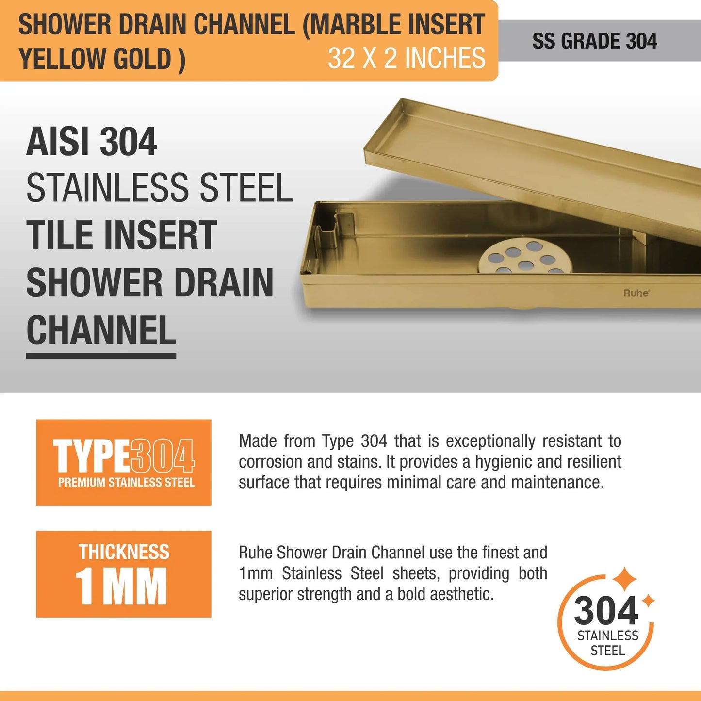 Marble-Insert Shower Drain Channel (2 Inches)