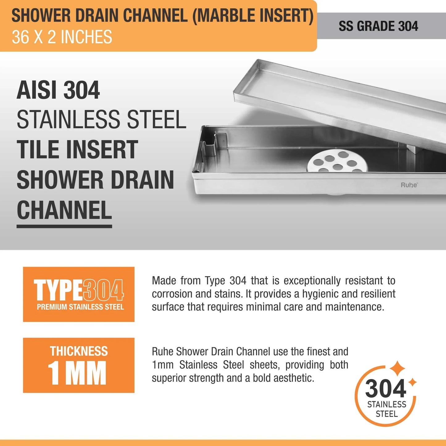 Marble-Insert Shower Drain Channel (2 Inches)