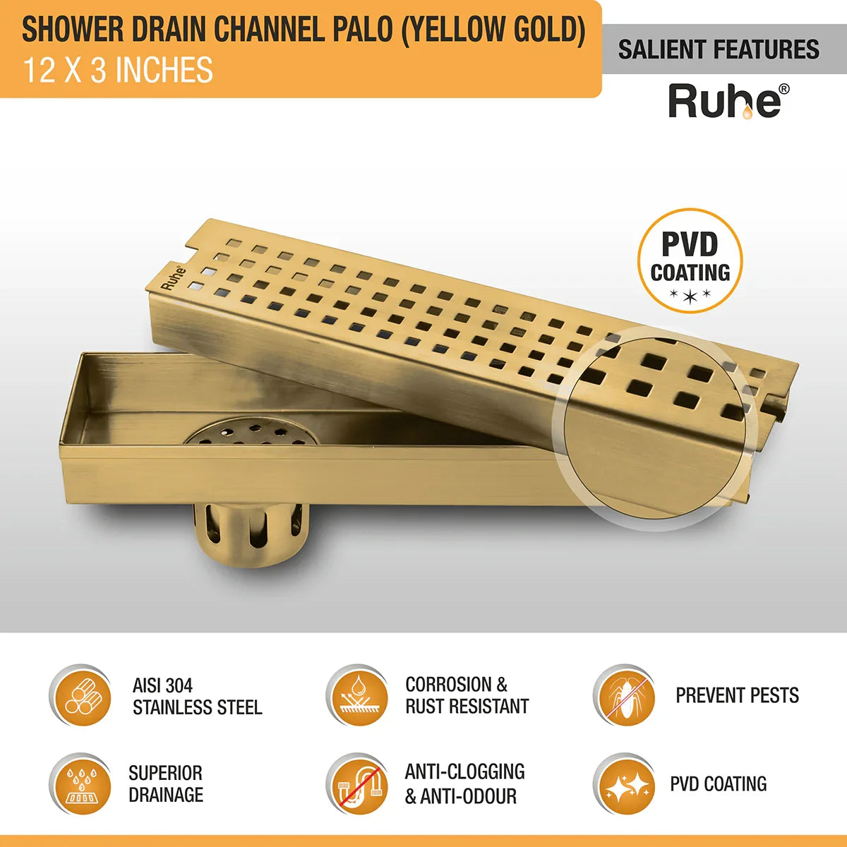 Palo Shower Drain Channel (12 x 3 Inches) YELLOW GOLD features